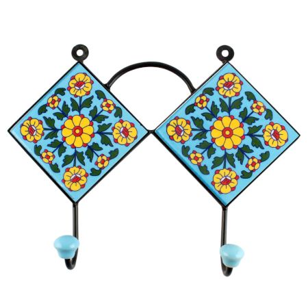 Turquoise Yellow Flower Ceramic Tiles Hooks